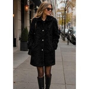 Vintage Black Curly Faux Fur Coat Women's M Mob Wife Glam Size Medium